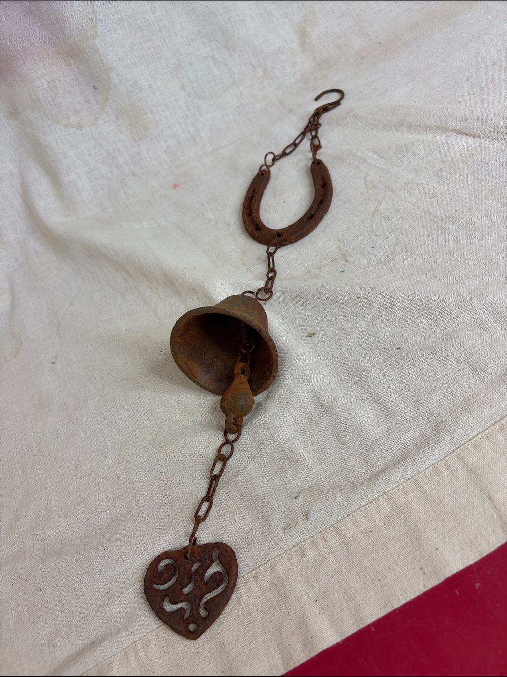 Rustic Hanging Iron Bell with Horseshoe and Filigree Heart